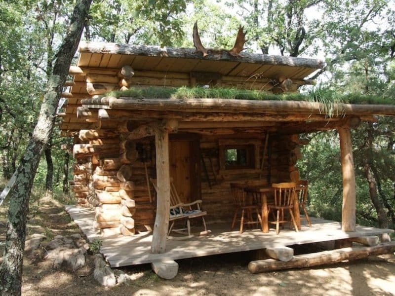 Cabane en bois au milieu des arbres, avec un toit végétal et une terrasse accueillante.