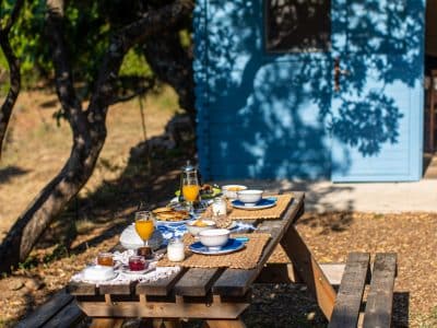 Cabane en bois bleue, table de pique-nique dressée avec petit-déjeuner en plein air.