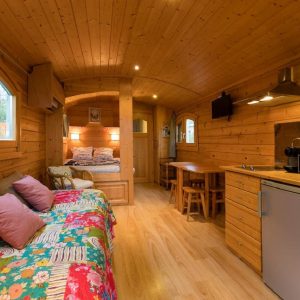 Gîte en bois chaleureux avec salon coloré et cuisine équipée, idéal pour un séjour unique.