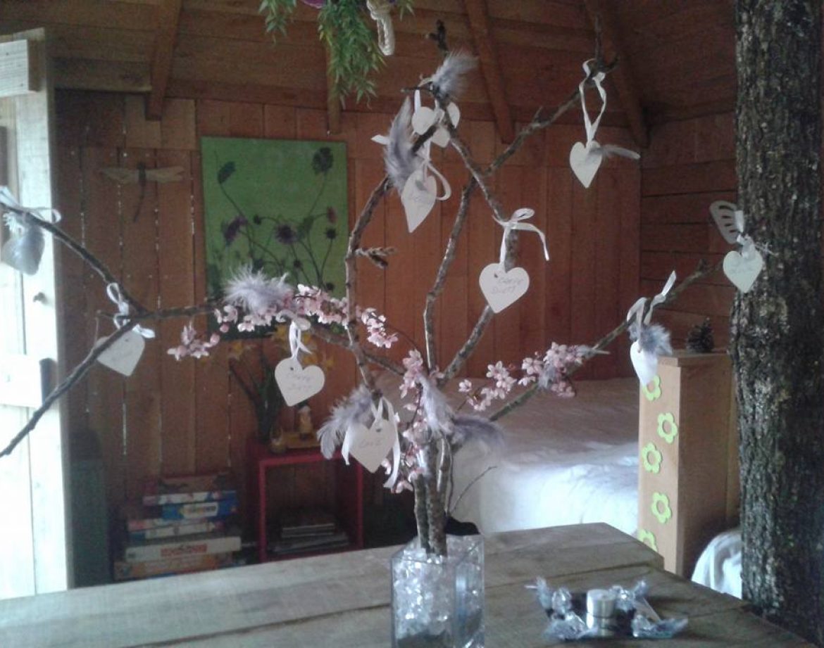 Cabane en bois en Provence-Alpes-Côte dAzur, décorée dun arbre à souhaits.