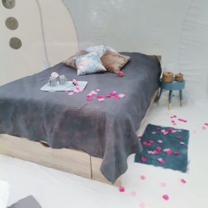 Hébergement insolite en bulle avec lit décoré de pétales de rose à Provence-Alpes-Côte dAzur.