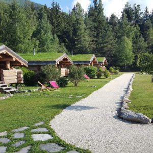 Cabanes en bois avec toits végétalisés, entourées de verdure en Auvergne-Rhône-Alpes.