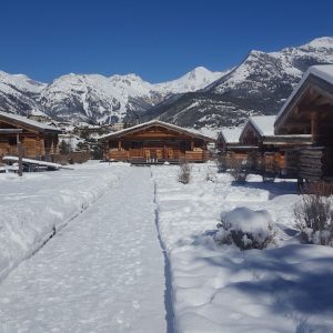 Chalets en bois dans un paysage enneigé des montagnes dAuvergne-Rhône-Alpes.