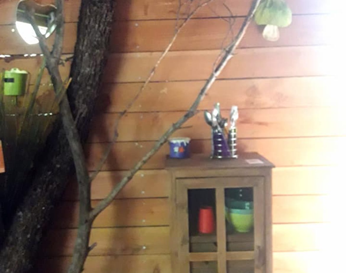 Cabane en bois avec un meuble rustique et des éléments naturels décoratifs.