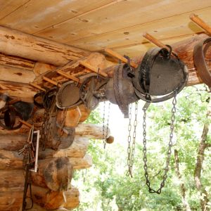 Cabane en bois rustique avec des outils anciens accrochés au mur.