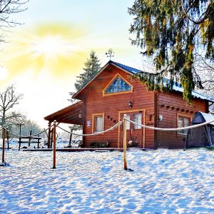 Chalet en bois au cœur de la neige, entouré darbres majestueux en Auvergne.