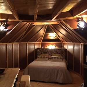 Hébergement insolite en cabane avec un lit confortable et des murs en bois chaleureux.