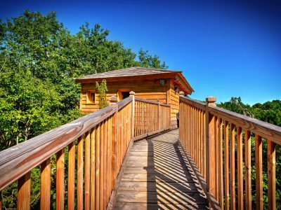 Cabane perchée en bois avec une passerelle, entourée de verdure à Midi-Pyrénées.