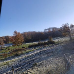Hébergement insolite en Nouvelle-Aquitaine, vue sur un paysage gelé et ensoleillé.