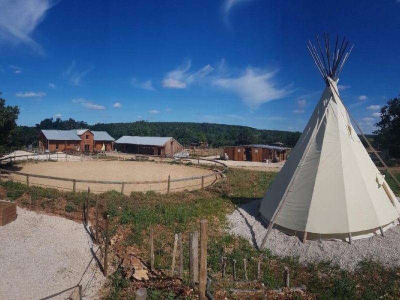 Teepee unique en Bourgogne, entouré de verdure et de bâtiments en bois.