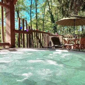 Hébergement insolite en Île-de-France avec jacuzzi et terrasse ombragée.