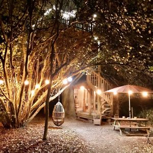 Cabane dans les arbres illuminée, avec un coin repas sous un parasol.