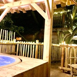 Cabane perchée en Île-de-France avec jacuzzi et éclairage féerique.
