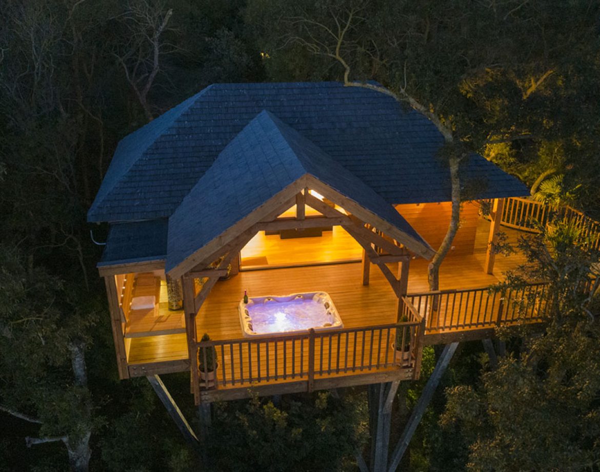 Cabane perchée dans les arbres avec jacuzzi sur la terrasse, au cœur de la nature.