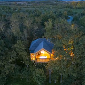 Cabane perchée dans les arbres, illuminée, entourée de verdure à Languedoc-Roussillon.