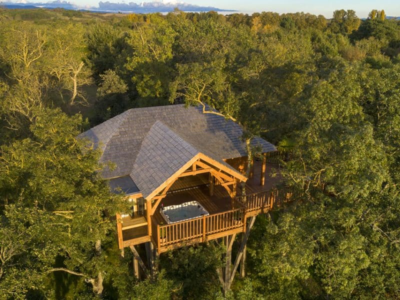 Cabane perchée dans les arbres, entourée de verdure, avec terrasse et jacuzzi.