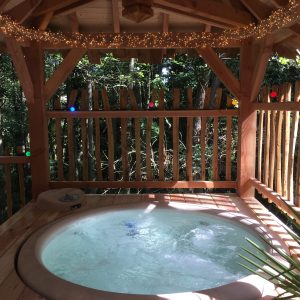 Cabane perchée en Île-de-France avec jacuzzi, entourée de verdure et de lumières.