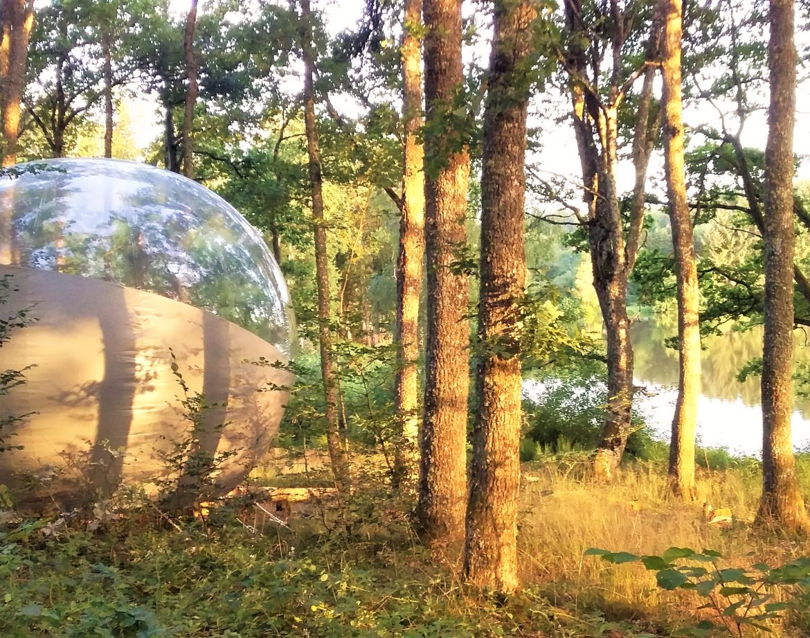 Bulle transparente en pleine forêt, offrant une vue imprenable sur le lac en Auvergne.