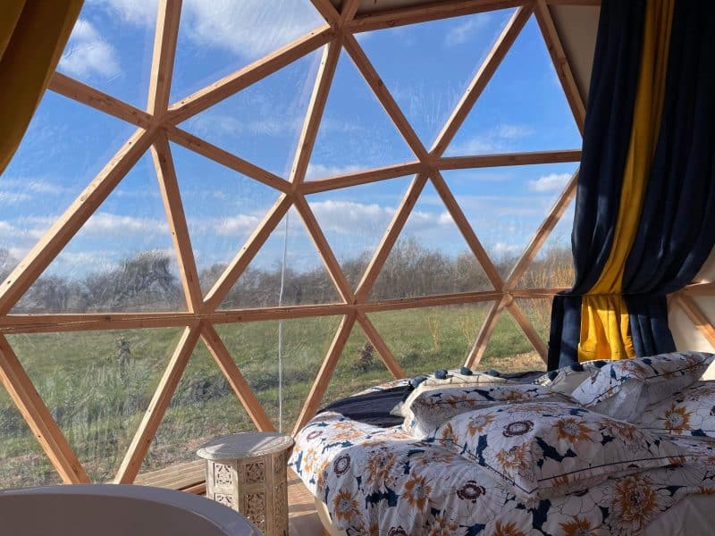 Dôme géodésique avec vue panoramique sur la nature, décoré de fleurs.