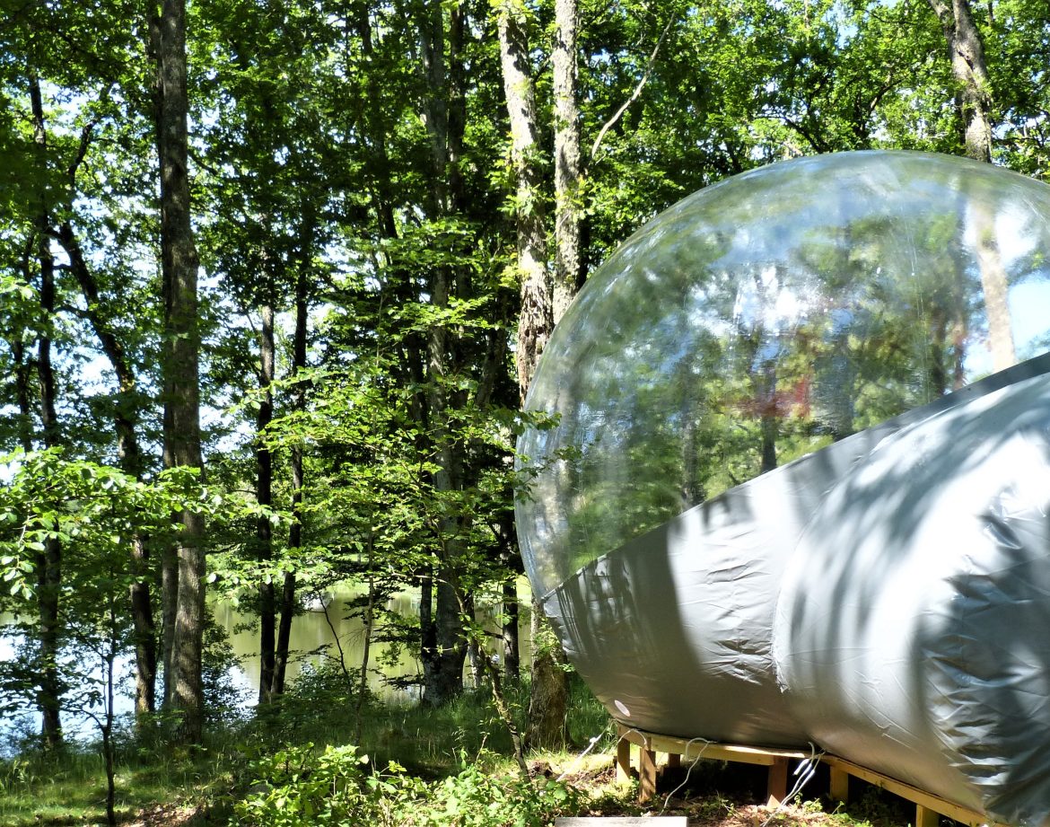 Bulle transparente en pleine forêt dAuvergne, offrant une vue imprenable sur la nature.