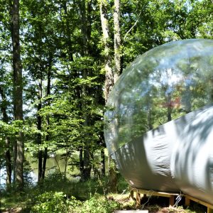 Bulle transparente en pleine forêt dAuvergne, offrant une vue imprenable sur la nature.