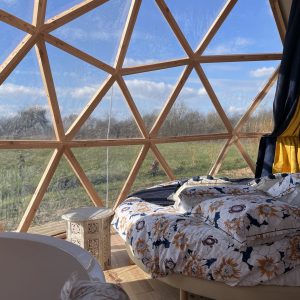 Dôme géodésique avec vue panoramique, lit douillet et décor floral.