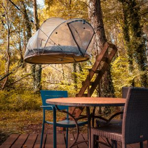 Cabane suspendue dans les arbres, entourée de verdure, avec une terrasse en bois.