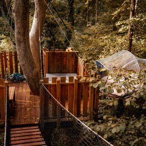Cabane dans les arbres en Île-de-France, perchée au milieu des feuillages verdoyants.