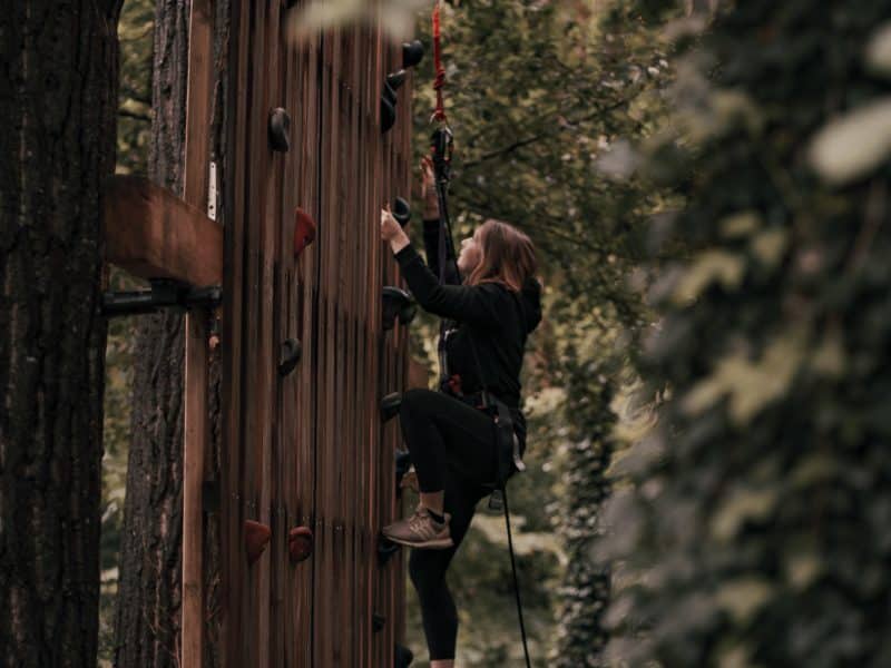 Hébergement en pleine nature avec mur descalade et verdure environnante.