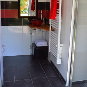 Salle de bain moderne dun hébergement insolite en Nouvelle-Aquitaine, avec des touches rouges.