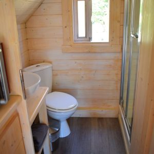 Cabane en bois à Nouvelle-Aquitaine avec salle de bain moderne et fenêtre lumineuse.
