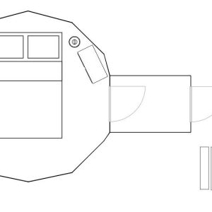Hébergement insolite en Auvergne : cabane octogonale avec lit double et coin salon.