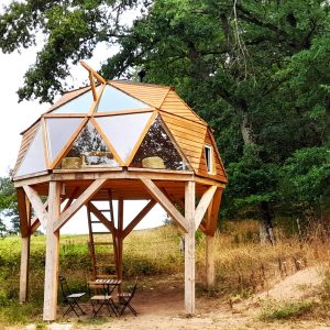 Cabane géodésique en bois, perchée sur pilotis, entourée de verdure en Auvergne.