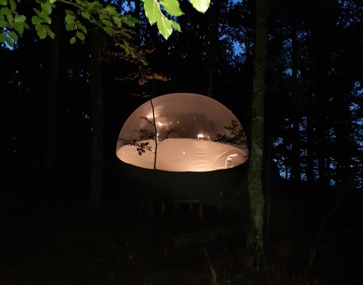 Hébergement insolite en bulle transparente, illuminée sous les arbres en Auvergne.