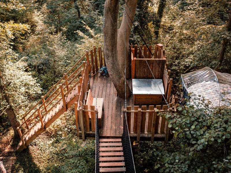 Cabane dans les arbres en Île-de-France, entourée de verdure luxuriante.