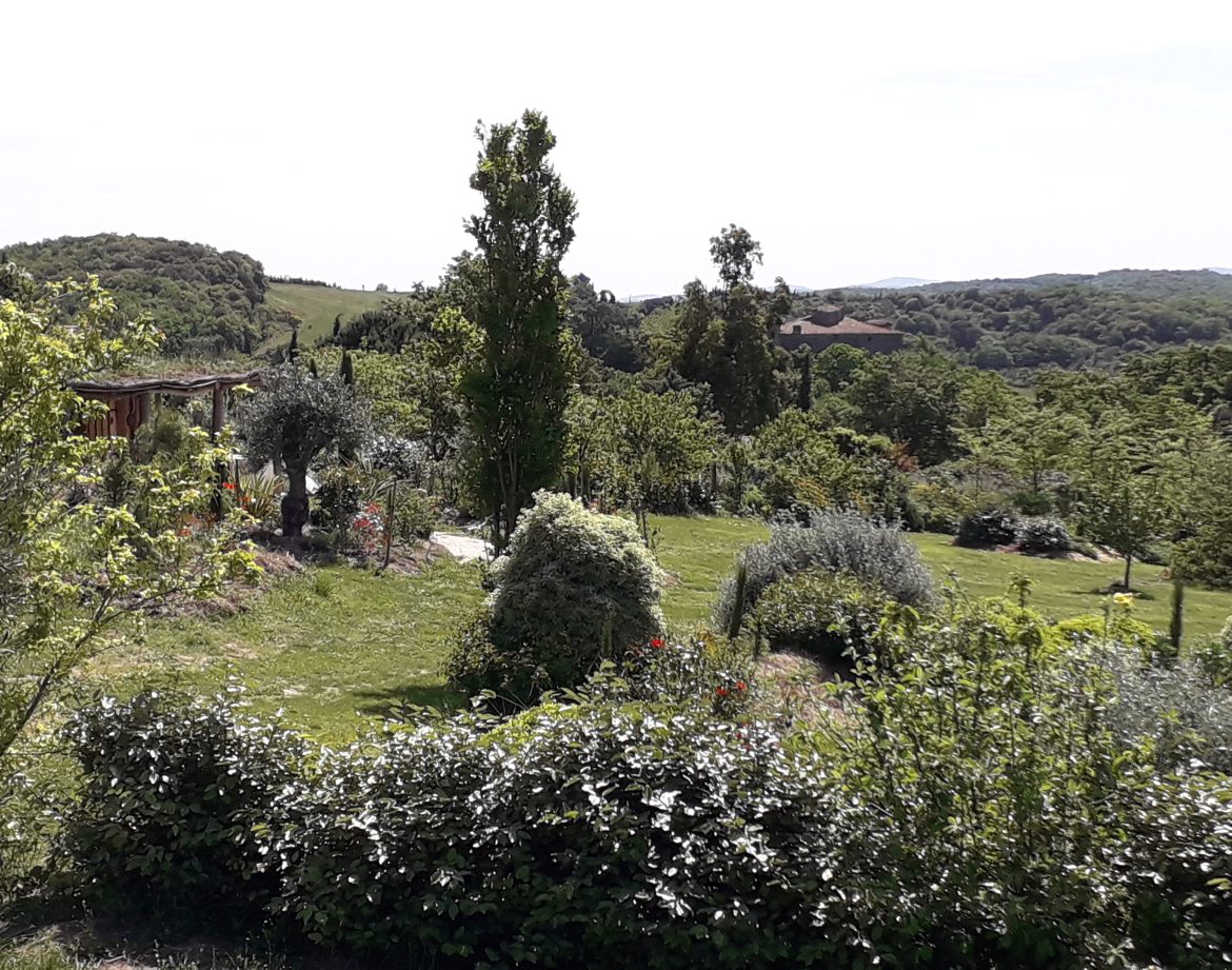Hébergement insolite en pleine nature, avec un jardin verdoyant et des collines en arrière-plan.