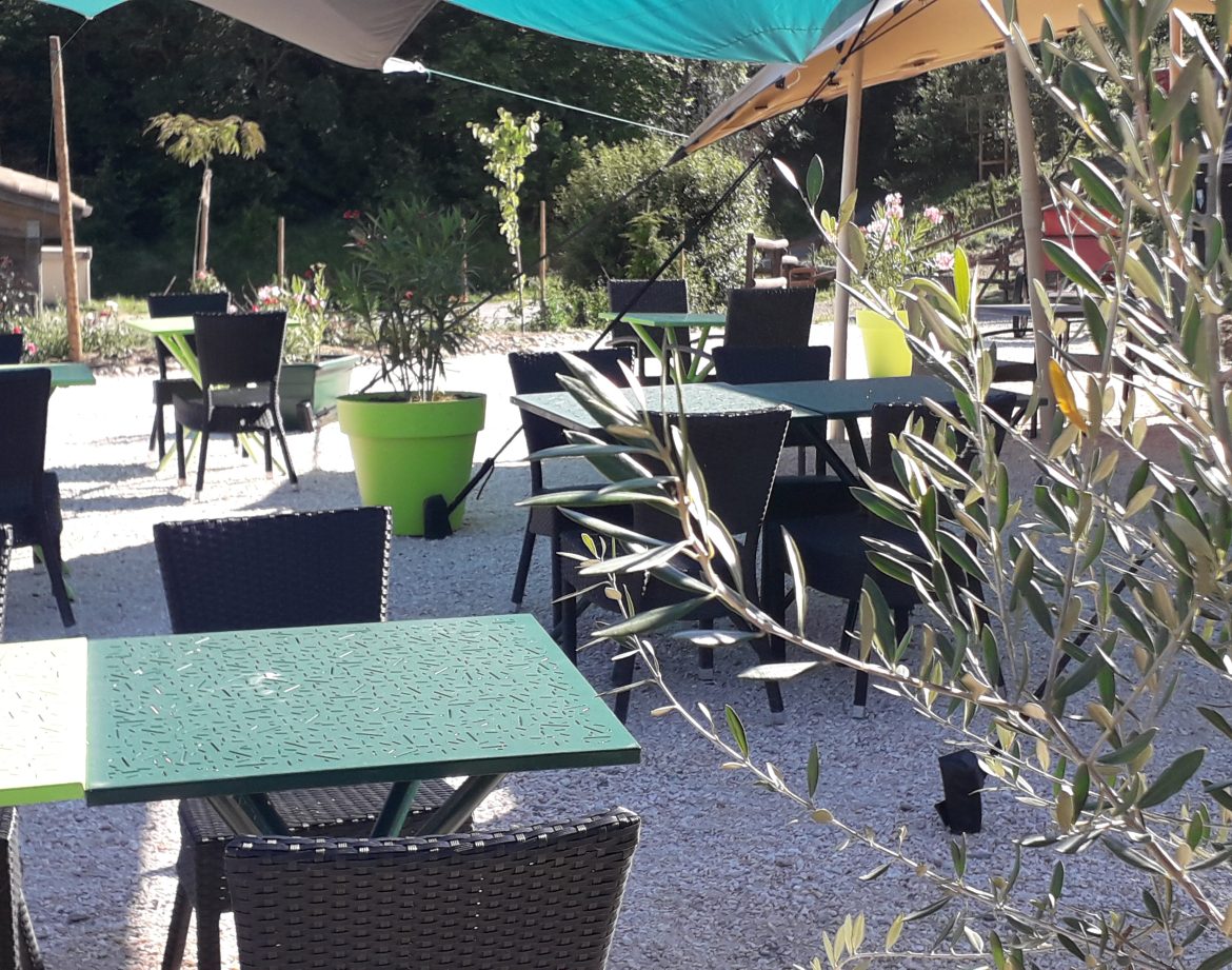 Espace extérieur dun hébergement insolite avec tables vertes et verdure apaisante.