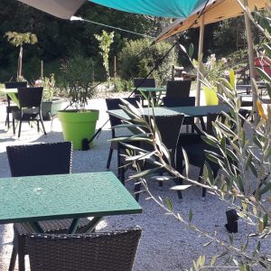 Espace extérieur dun hébergement insolite avec tables vertes et verdure apaisante.