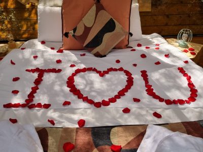 Hébergement insolite en Languedoc-Roussillon, lit décoré de pétales de rose.