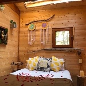 Chalet en bois avec décoration chaleureuse et pétales de rose sur le lit.