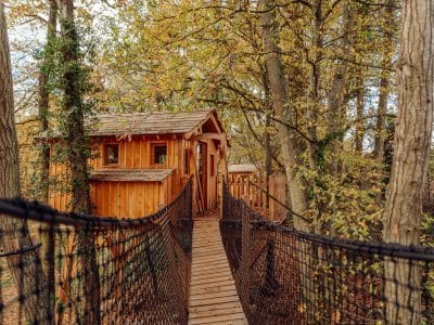 Cabane en bois perchée dans les arbres, accessible par un pont suspendu.