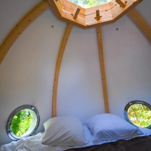 Hébergement insolite en forme de bulle, avec un ciel étoilé visible par le toit vitré.