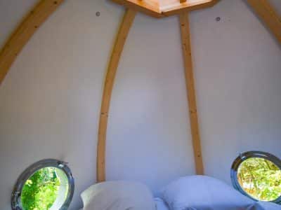 Hébergement insolite en forme de bulle, avec un ciel étoilé visible par le toit vitré.
