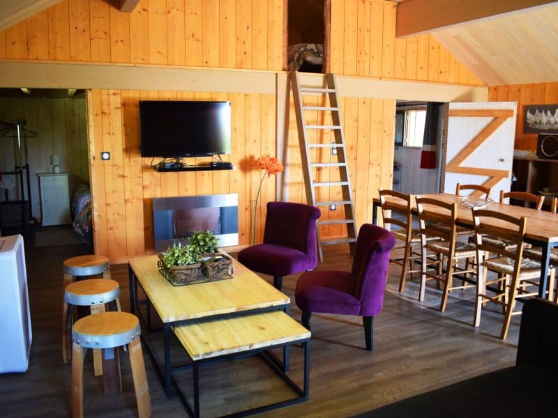 Chalet en bois chaleureux avec salon moderne et mezzanine. Ambiance conviviale.