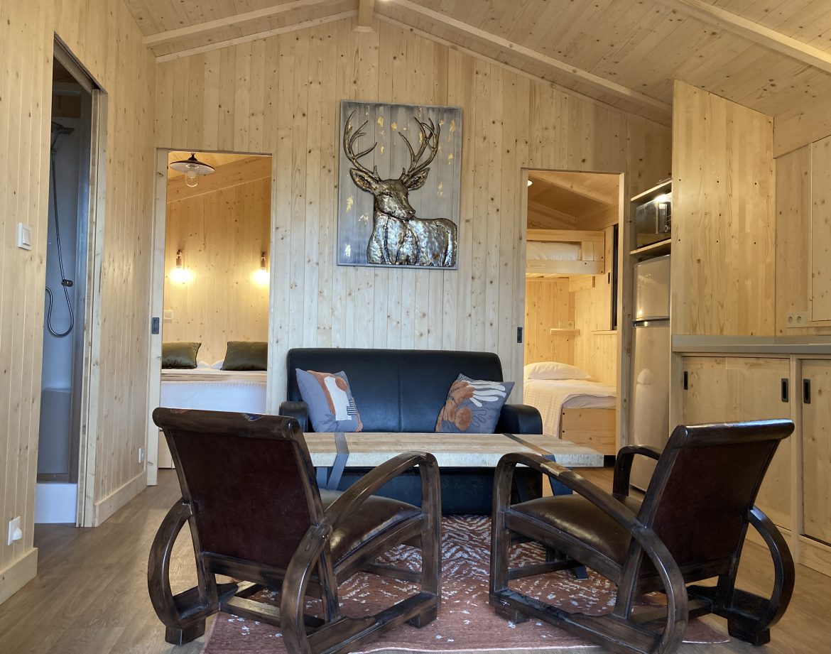 Chalet en bois chaleureux avec salon, fauteuils confortables et décoration naturelle.