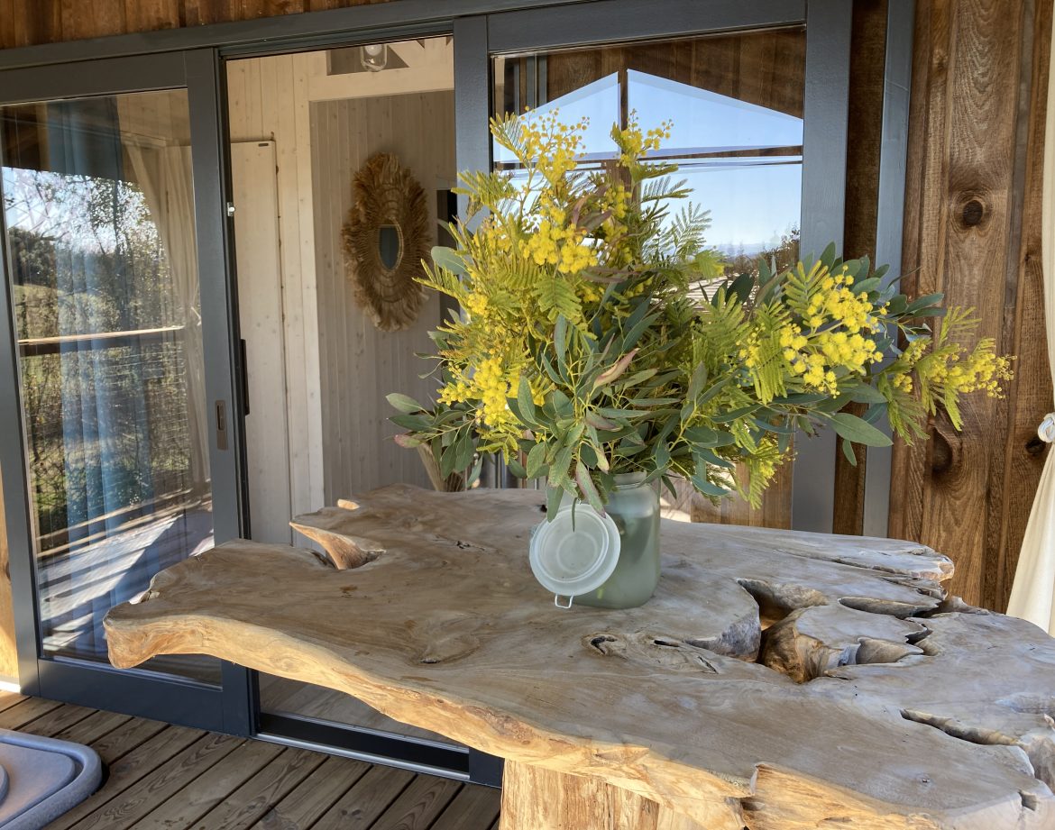 Hébergement insolite en bois avec une table en bois naturel et un vase de mimosa.