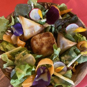Salade colorée avec samoussas, légumes frais et fleurs comestibles, Languedoc-Roussillon.