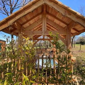 Cabane en bois dans un cadre verdoyant, idéale pour un séjour insolite en Aquitaine.