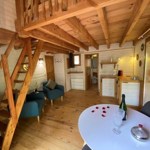 Cabane en bois en Aquitaine, avec mezzanine et décoration romantique.