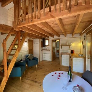 Cabane en bois avec mezzanine, salon cosy et décoration chaleureuse.